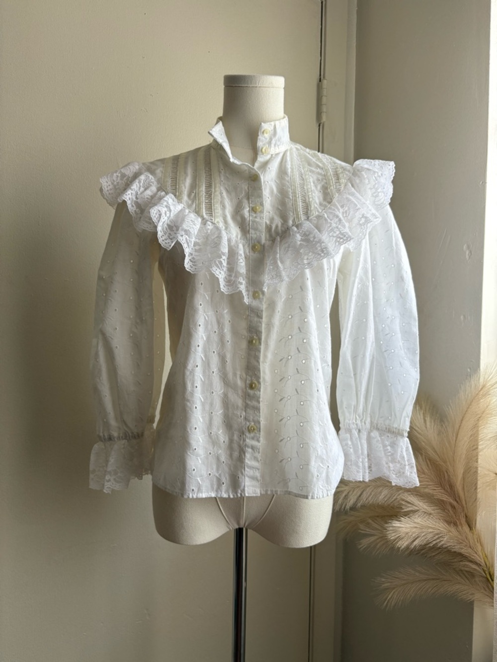 gunne sax vintage white lace ruffle high neck button front blouse
